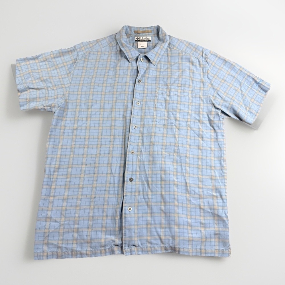 Columbia XCO Men L Large Plaid Button Up Shirt Modal Blend Blue Yellow‎